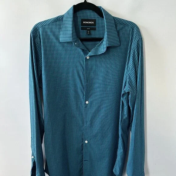 Bonobos Blue Check Slim Fit Medium Long Men's Shirt - Picture 1 of 11